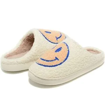 Women Men Retro Fuzzy Face Slippers Retro Soft Fluffy Warm Home Non-Slip Couple Style Casual Happy F...