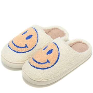 Women Men Retro Fuzzy Face Slippers Retro Soft Fluffy Warm Home Non-Slip Couple Style Casual Happy Face Slippers Soft Memory Foam Fuzzy Slides Indoor Outdoor Anti-Skid Warm Cozy Foam Slide