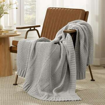 Amélie Home Chenille Knit Throw Blanket for Couch, Chunky Knit Blanket with Chevron Texture Non-Shedding, Decorative Farmhouse Soft Blanket for Home Sofa Chair Bed, Light Grey, 50x 60