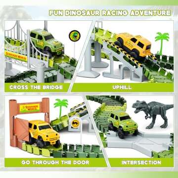 Dinosaur Tracks, 271 PCS Create A Dinosaur World Road Race for Kids Boys Toys Flexible Train Tracks Set with 2 Cool Race Cars and 2 Dinosaur Toys for Age 3 4 5 6 7 8 Year & Up Old Boy Girls Best Gift