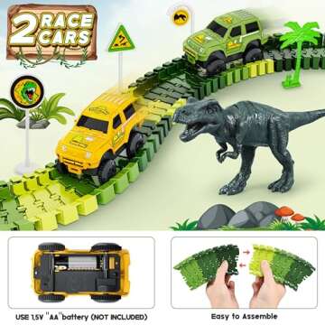 Dinosaur Tracks, 271 PCS Create A Dinosaur World Road Race for Kids Boys Toys Flexible Train Tracks Set with 2 Cool Race Cars and 2 Dinosaur Toys for Age 3 4 5 6 7 8 Year & Up Old Boy Girls Best Gift