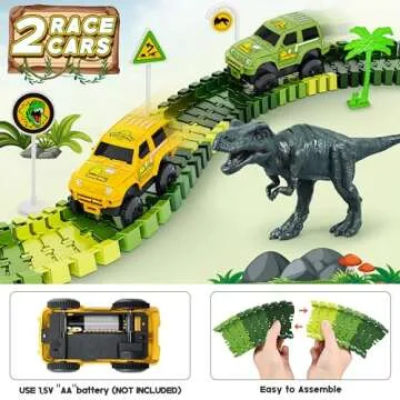 Dinosaur Tracks, 271 PCS Create A Dinosaur World Road Race for Kids Boys Toys Flexible Train Tracks Set with 2 Cool Race Cars and 2 Dinosaur Toys for Age 3 4 5 6 7 8 Year & Up Old Boy Girls Best Gift