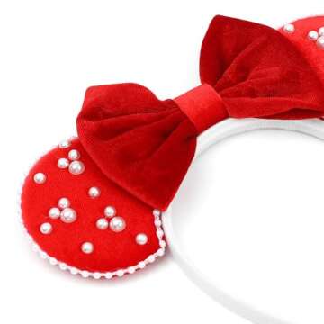 JIAHANG Velvet Mouse Ears Hair Bow Headband with Pearls, Red Party Decoration Fashion Hair Band Hair...