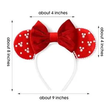 JIAHANG Velvet Mouse Ears Hair Bow Headband with Pearls, Red Party Decoration Fashion Hair Band Hair Accessories for Women Girls
