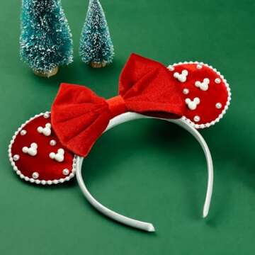 JIAHANG Velvet Mouse Ears Hair Bow Headband with Pearls, Red Party Decoration Fashion Hair Band Hair Accessories for Women Girls