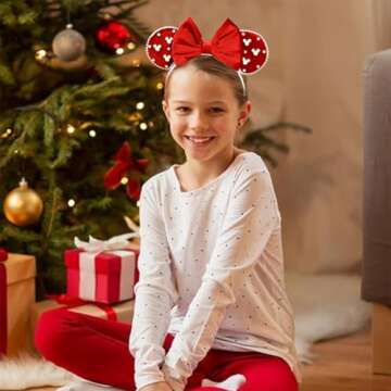 JIAHANG Velvet Mouse Ears Hair Bow Headband with Pearls, Red Party Decoration Fashion Hair Band Hair Accessories for Women Girls