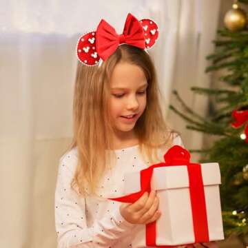 JIAHANG Velvet Mouse Ears Hair Bow Headband with Pearls, Red Party Decoration Fashion Hair Band Hair Accessories for Women Girls