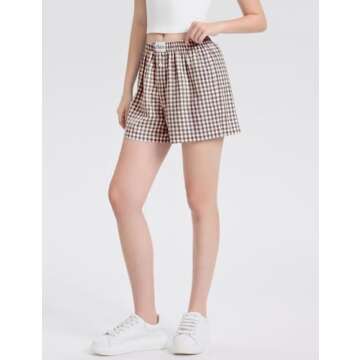 LOMON Womens Boxer Shorts Casual Summer Cotton Pajama Lounge Sleep Pj Gingham Plaid Shorts Y2K Beach Bottoms (Coffee White Plaid S)