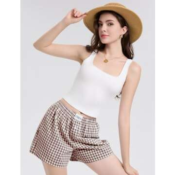 LOMON Womens Boxer Shorts Casual Summer Cotton Pajama Lounge Sleep Pj Gingham Plaid Shorts Y2K Beach Bottoms (Coffee White Plaid S)