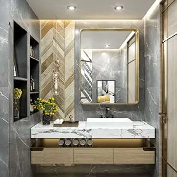 TokeShimi Gold Bathroom Mirror for Wall 30 x 36 Inch Metal Rounded Corner Rectangle Mirror Metal Fra...