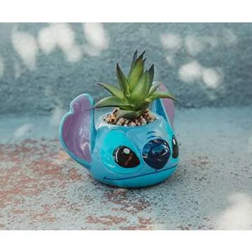 Disney Lilo & Stitch 3-Inch Ceramic Mini Planter with Artificial Succulent | Small Flower Pot, Faux Indoor Plants for Desk Shelf, Home Decor Trinket Tray and Collectibles (Blue, One Size)