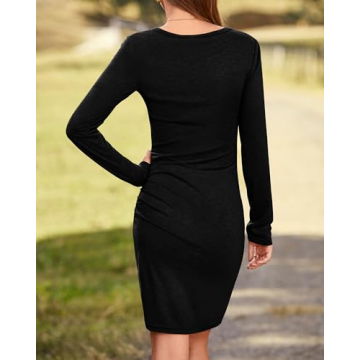 BTFBM Women Elegant Ruched Bodycon Dress Long Sleeve Wrap Front Casual Basic Fitted Going Out Short Dresses(Black, Small)