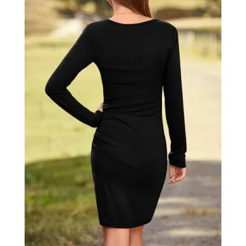 BTFBM Women Elegant Ruched Bodycon Dress Long Sleeve Wrap Front Casual Basic Fitted Going Out Short Dresses(Black, Small)