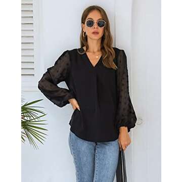 Blooming Jelly Womens Black Blouse V Neck Lantern Sleeve Chiffon Swiss Dot Business Casual Tops Shirts(XL,Black)