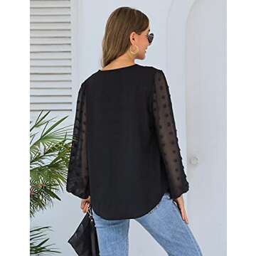 Blooming Jelly Womens Black Blouse V Neck Lantern Sleeve Chiffon Swiss Dot Business Casual Tops Shirts(XL,Black)