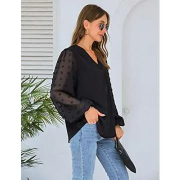 Blooming Jelly Womens Black Blouse V Neck Lantern Sleeve Chiffon Swiss Dot Business Casual Tops Shirts(XL,Black)