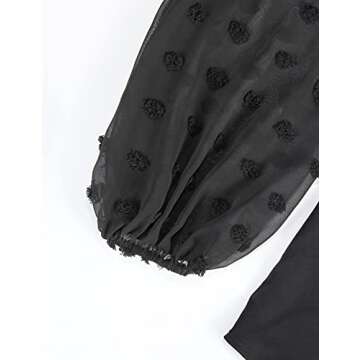 Blooming Jelly Womens Black Blouse V Neck Lantern Sleeve Chiffon Swiss Dot Business Casual Tops Shirts(XL,Black)