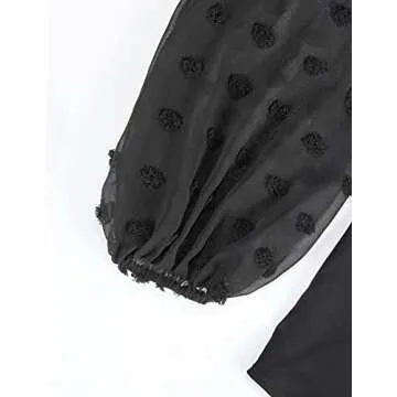 Blooming Jelly Womens Black Blouse V Neck Lantern Sleeve Chiffon Swiss Dot Business Casual Tops Shirts(XL,Black)
