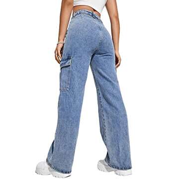 SweatyRocks Women's High Waist Cargo Jeans Flap Pocket Wide Leg Denim Pants Blue L