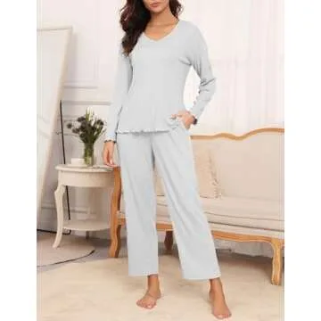 Ekouaer Womens Ribbed Knit Pajamas Set V Neck Long Sleeve Pj Set 2 Piece Loungewear Casual Sleepwear...
