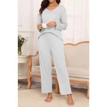 Ekouaer Womens Ribbed Knit Pajamas Set V Neck Long Sleeve Pj Set 2 Piece Loungewear Casual Sleepwear Light Gray S