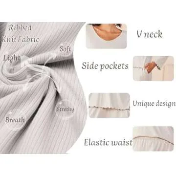 Ekouaer Womens Ribbed Knit Pajamas Set V Neck Long Sleeve Pj Set 2 Piece Loungewear Casual Sleepwear Light Gray S