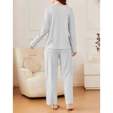 Ekouaer Womens Ribbed Knit Pajamas Set V Neck Long Sleeve Pj Set 2 Piece Loungewear Casual Sleepwear Light Gray S