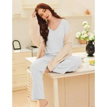 Ekouaer Womens Ribbed Knit Pajamas Set V Neck Long Sleeve Pj Set 2 Piece Loungewear Casual Sleepwear Light Gray S