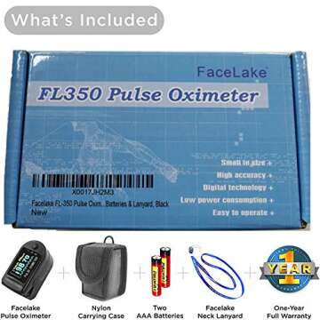 Facelake FL-350 Pulse Oximeter with Carrying Case & Batteries & Lanyard, Black