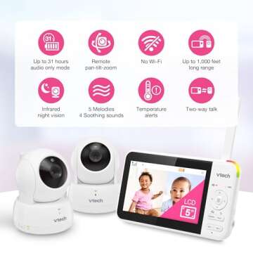 VTech VM924-2 Remote Pan-Tilt-Zoom Baby Monitor with 2 Cameras & Audio,5"LCD Screen,Up to 17Hrs Vide...