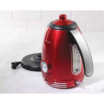 Nostalgia Retro Stainless Steel Electric Tea And Water Kettle, 1.7 Liters, Auto-Shut Off & Boil-Dry Protection, Water Level Indicator Window, Red