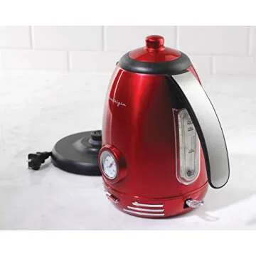 Nostalgia Retro Stainless Steel Electric Tea And Water Kettle, 1.7 Liters, Auto-Shut Off & Boil-Dry Protection, Water Level Indicator Window, Red