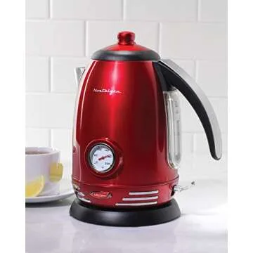Nostalgia Retro Stainless Steel Electric Tea And Water Kettle, 1.7 Liters, Auto-Shut Off & Boil-Dry Protection, Water Level Indicator Window, Red