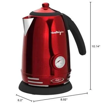 Nostalgia Retro Stainless Steel Electric Tea And Water Kettle, 1.7 Liters, Auto-Shut Off & Boil-Dry Protection, Water Level Indicator Window, Red