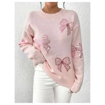 MakeMeChic Women's Crew Neck Sweater Bow Knot Sequin Long Sleeve Drop Shoulder Knit Top
