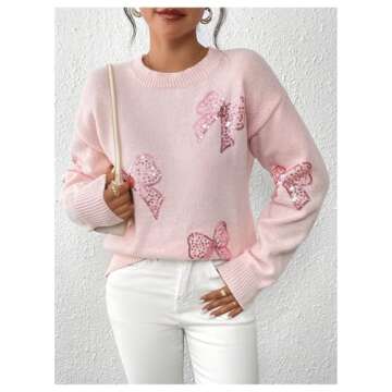 MakeMeChic Women's Crew Neck Sweater Bow Knot Sequin Long Sleeve Drop Shoulder Knit Top