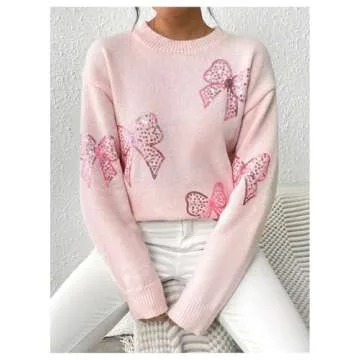 MakeMeChic Women's Crew Neck Sweater Bow Knot Sequin Long Sleeve Drop Shoulder Knit Top