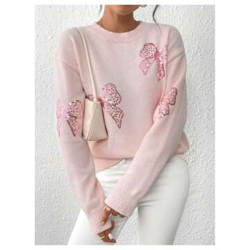 MakeMeChic Women's Crew Neck Sweater Bow Knot Sequin Long Sleeve Drop Shoulder Knit Top