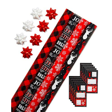 Festive Red & Black Christmas Wrapping Paper Set - 4 Rolls, Bows & Tags