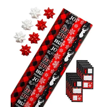 Festive Red & Black Christmas Wrapping Paper Set - 4 Rolls, Bows & Tags