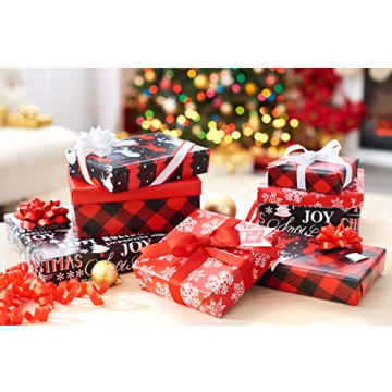 Red Black Christmas Wrapping Paper Set with Bows and Tags