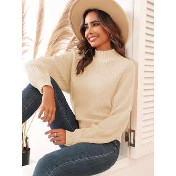 ZAFUL Women's Cropped Turtleneck Sweater Lantern Sleeve Ribbed Knit Pullover Sweater Jumper (1-Apricot, S)