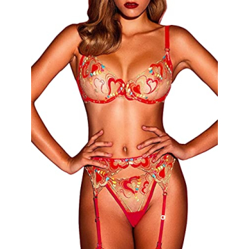 Kaei&Shi Garter Lingerie for Women,Heart Embroidered Underwire Sexy Lingerie,Shimmer Lace Sheer Matc...