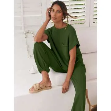 ANRABESS Women's Two Piece Outfits Knit Sweater Vest Crop Top Pants Lounge Matching Tracksuit Sweatsuit Travel Clothes Sets Amy Green X-Small