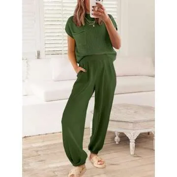 ANRABESS Women's Two Piece Outfits Knit Sweater Vest Crop Top Pants Lounge Matching Tracksuit Sweatsuit Travel Clothes Sets Amy Green X-Small