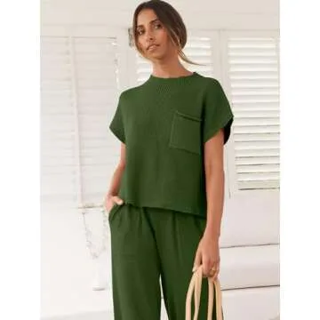 ANRABESS Women's Two Piece Outfits Knit Sweater Vest Crop Top Pants Lounge Matching Tracksuit Sweatsuit Travel Clothes Sets Amy Green X-Small