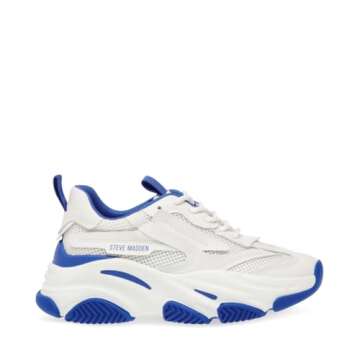 Steve Madden Women's Possession Sneaker, White/Blue, 8