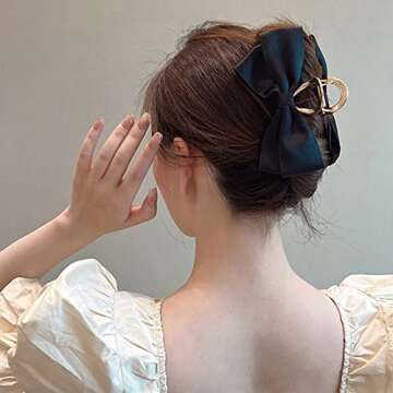 Stylish Black Satin Bow Hair Clip for Women | Large and Versatile | Secure Hold for Daily Wear
