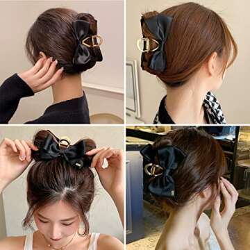 Stylish Black Satin Bow Hair Clip for Women | Large and Versatile | Secure Hold for Daily Wear