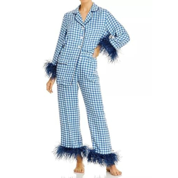 NUFIWI Christmas Plaid Feather Trim Pajama Set - Festive Loungewear